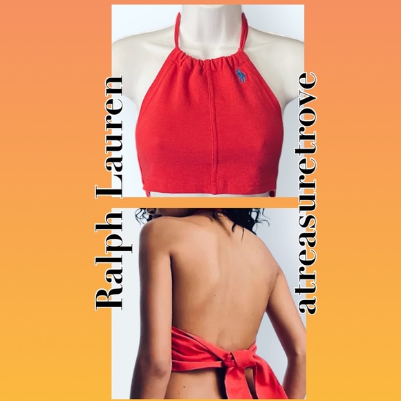 New Ralph Lauren Classic Upcycled Reworked Halter XS / S Red Tie-Neck Crop Tank - Picture 1 of 5